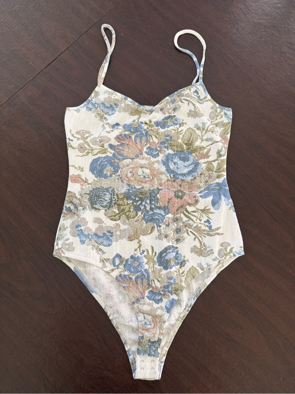 Sezane Body Ida Cream Floral Bleu Bodysuit with Blue & Green Floral Print